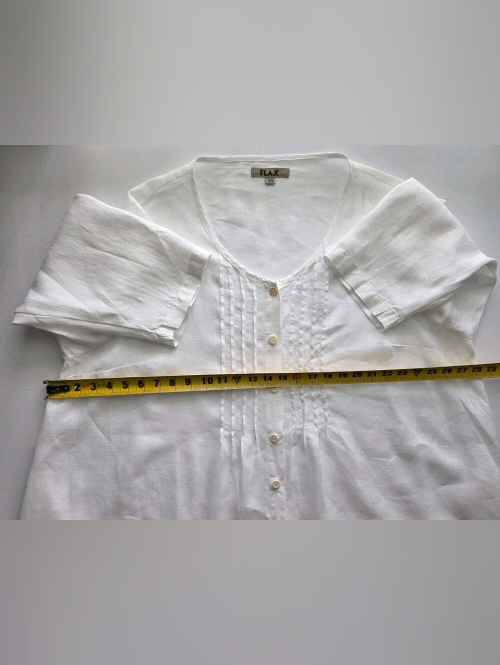 FLAX 100% Linen Button Front Blouse In White Round Neck 19" Sleeve Tunic Sz 1G - Picture 4 of 12